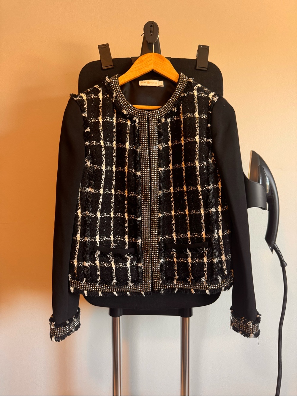 Tory Burch Black & White Tweed Collarless Blazer